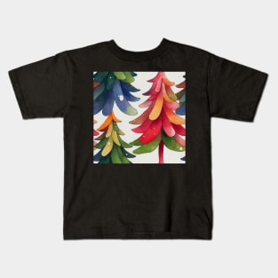 Multi-color Rainbow Watercolor Christmas Trees with Stars and Ball Ornaments Kids T-Shirt